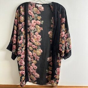Maurices Black Kimono with Pink and Yellow Floral Pattern
